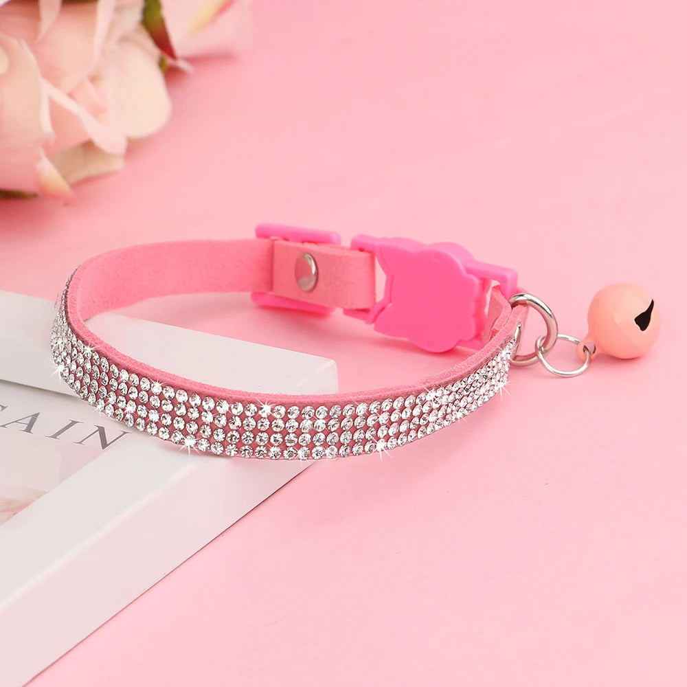 Suede Leather Cat Collar Bling Rhinestone Cats Collars with Bell Safety Breakaway Pet Puppy Necklace Adjustable XS S Pink Soft