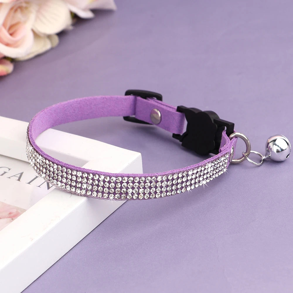 Suede Leather Cat Collar Bling Rhinestone Cats Collars with Bell Safety Breakaway Pet Puppy Necklace Adjustable XS S Pink Soft