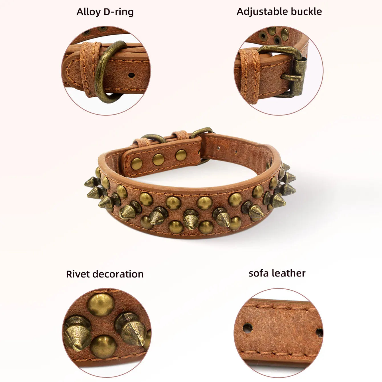 Vintage brass rivet heavy-duty adjustable pet dog collar, round head rivet paired with wear-resistant PU leather.