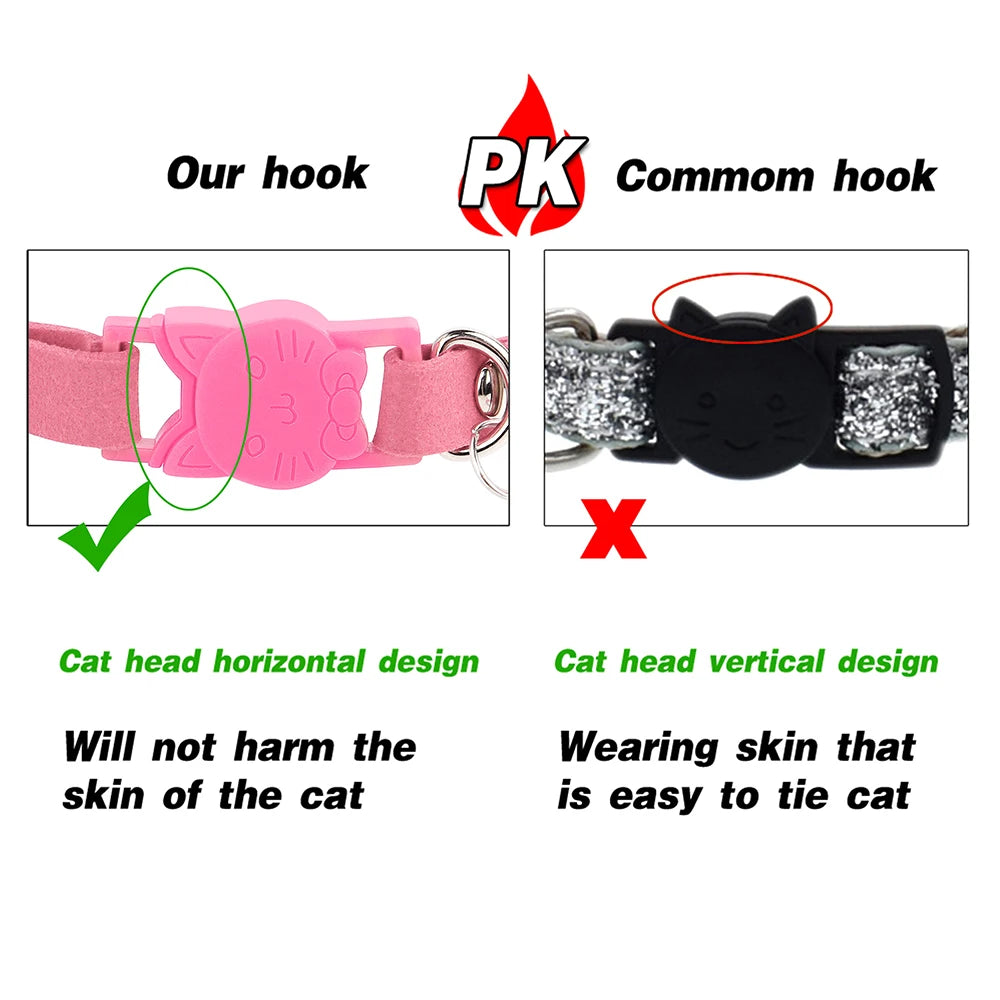 Suede Leather Cat Collar Bling Rhinestone Cats Collars with Bell Safety Breakaway Pet Puppy Necklace Adjustable XS S Pink Soft