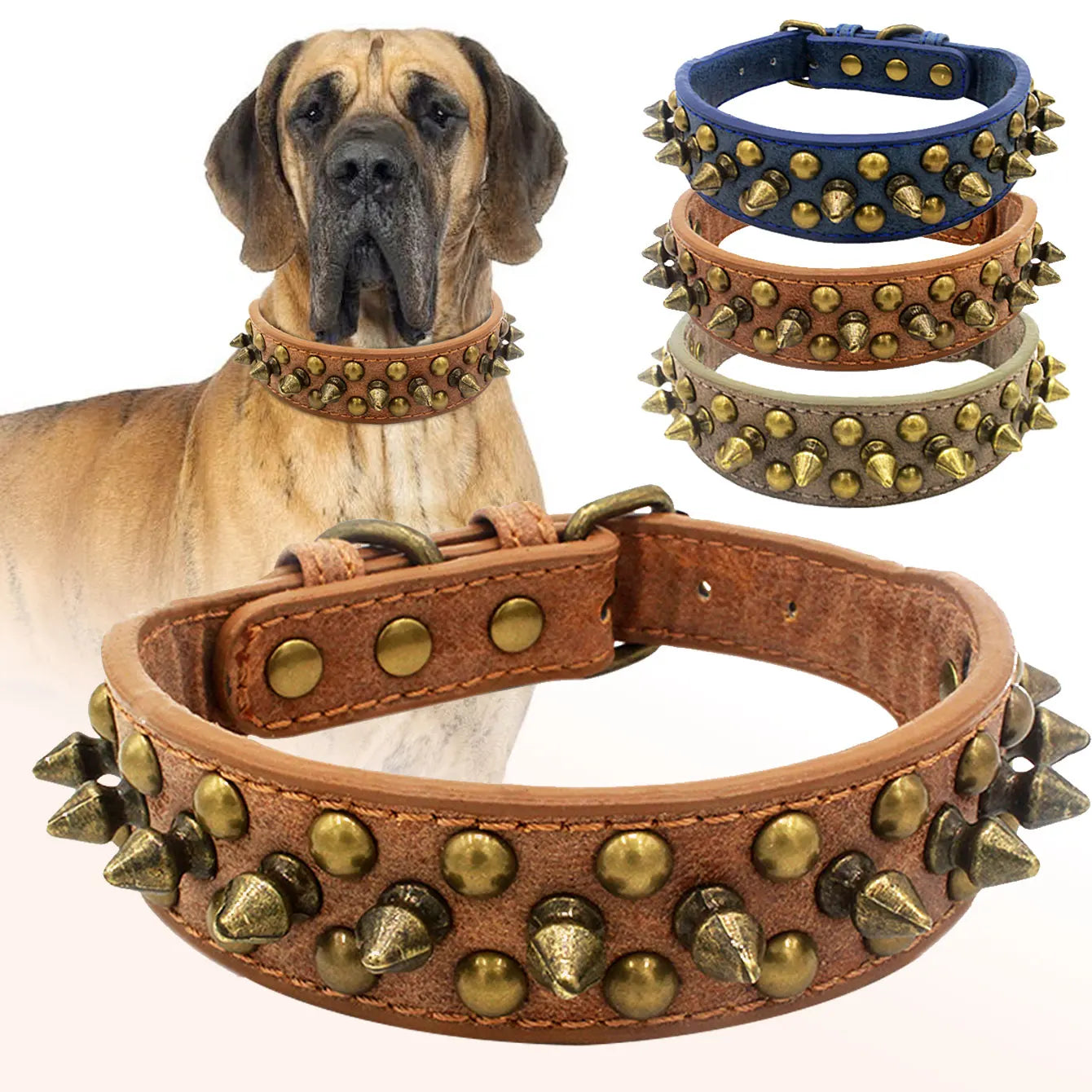 Vintage brass rivet heavy-duty adjustable pet dog collar, round head rivet paired with wear-resistant PU leather.