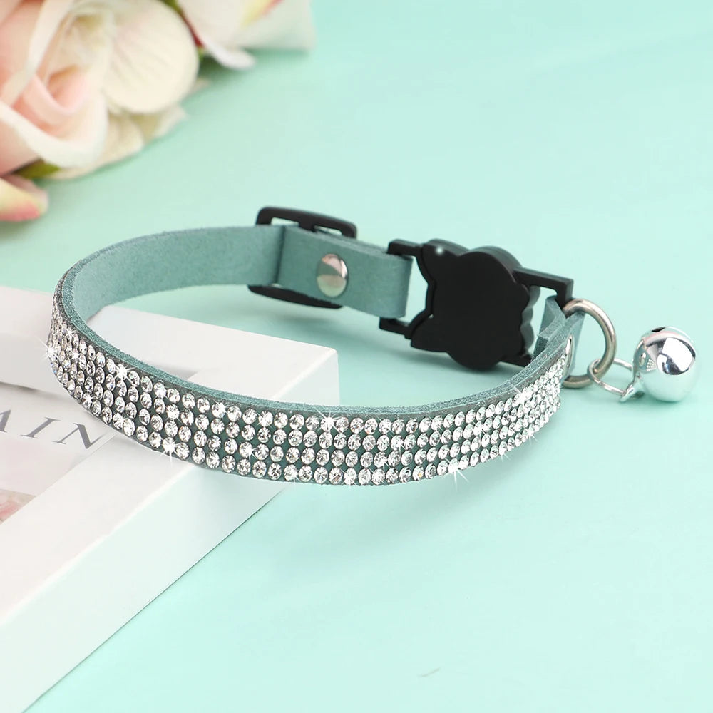 Suede Leather Cat Collar Bling Rhinestone Cats Collars with Bell Safety Breakaway Pet Puppy Necklace Adjustable XS S Pink Soft
