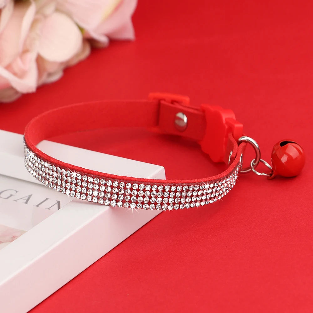 Suede Leather Cat Collar Bling Rhinestone Cats Collars with Bell Safety Breakaway Pet Puppy Necklace Adjustable XS S Pink Soft