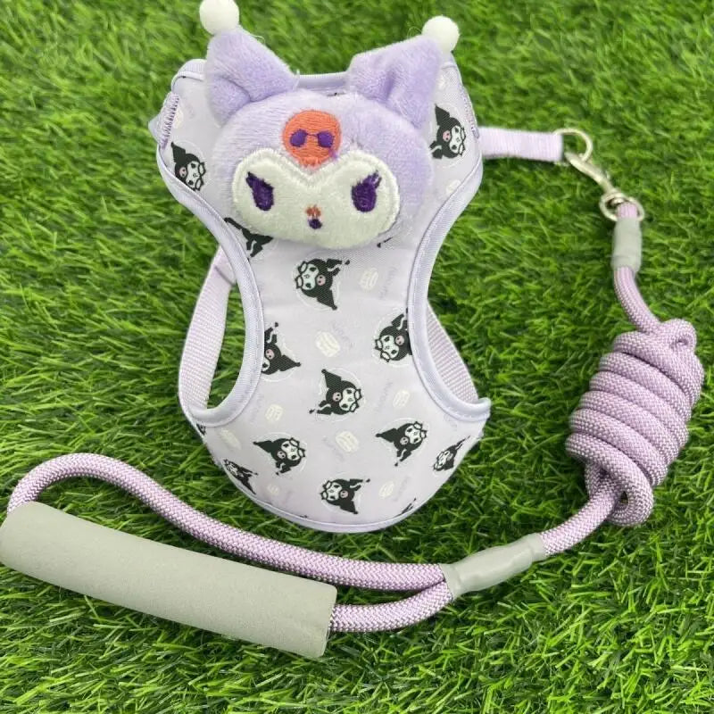 GORĄCA Sanrios Pet Vest Style Traction Rope Kawaii Kuromi Cartoon Cute Cat Dog Go Out Harness Go Out Anti-lost Rope Fashion New