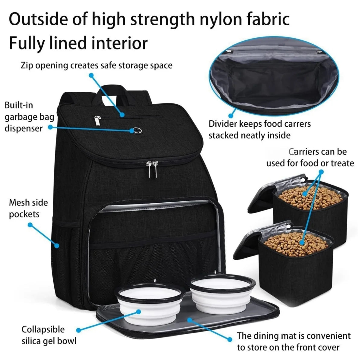 Pet Travel Bag Dog Cat Supplies Backpack, Water-resistent Diapers Food Travel Tote Backpacks Weekend Bags Accessories Set O