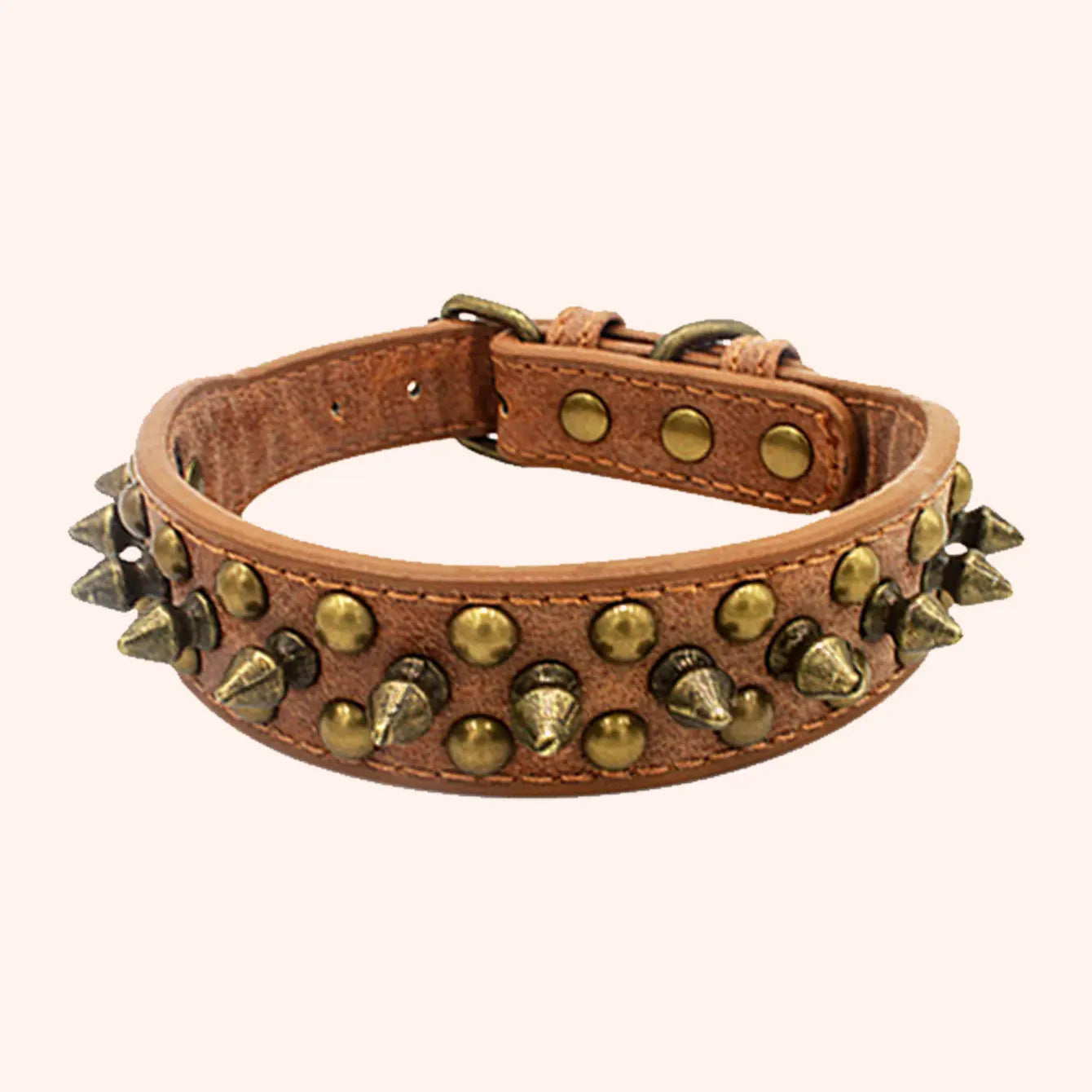 Vintage brass rivet heavy-duty adjustable pet dog collar, round head rivet paired with wear-resistant PU leather.
