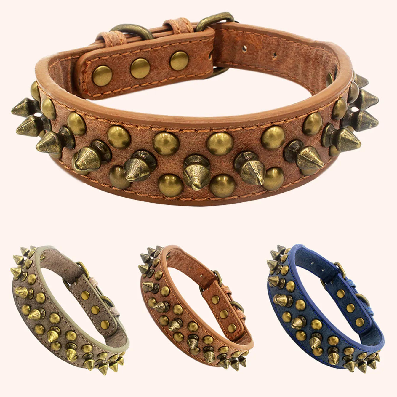 Vintage brass rivet heavy-duty adjustable pet dog collar, round head rivet paired with wear-resistant PU leather.