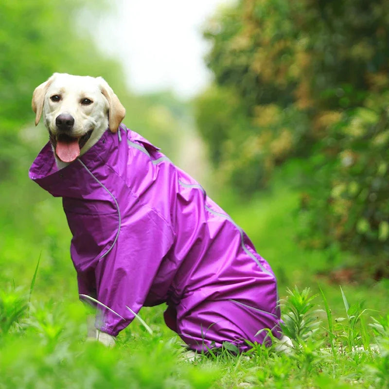 Dog Reflective Raincoat Waterproof Zipper Clothes Hight Neck Hooded Jumpsuit