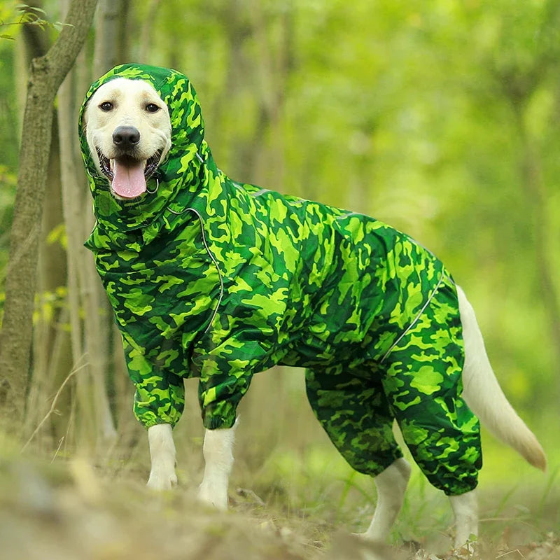 Dog Reflective Raincoat Waterproof Zipper Clothes Hight Neck Hooded Jumpsuit