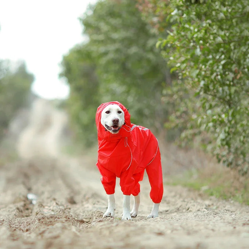 Dog Reflective Raincoat Waterproof Zipper Clothes Hight Neck Hooded Jumpsuit