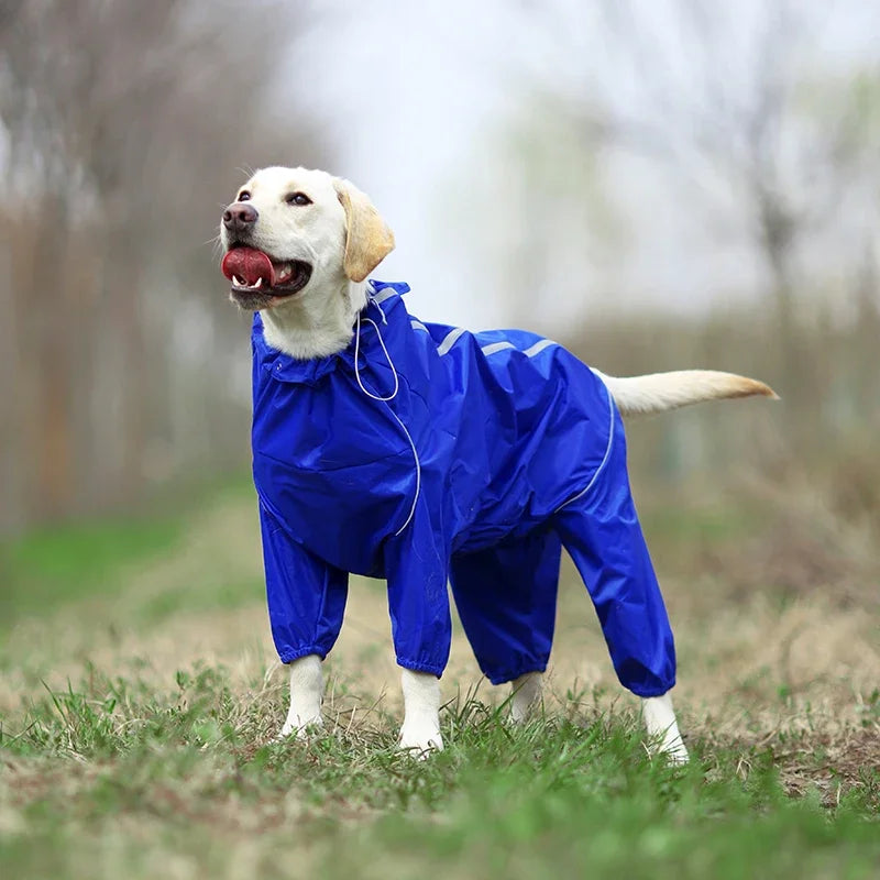 Dog Reflective Raincoat Waterproof Zipper Clothes Hight Neck Hooded Jumpsuit