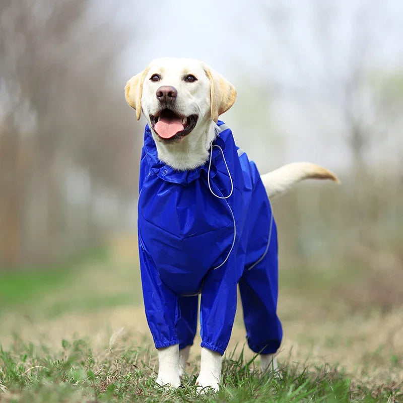 Dog Reflective Raincoat Waterproof Zipper Clothes Hight Neck Hooded Jumpsuit