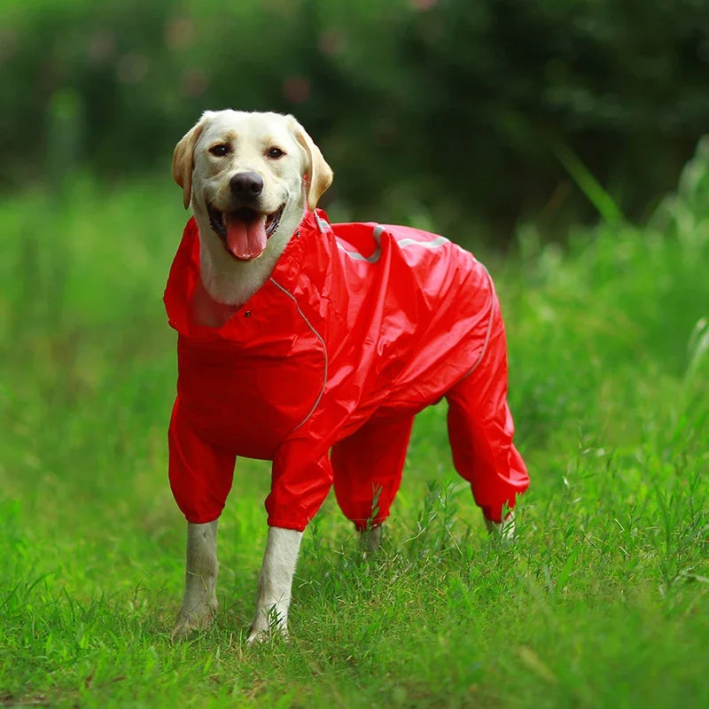 Dog Reflective Raincoat Waterproof Zipper Clothes Hight Neck Hooded Jumpsuit