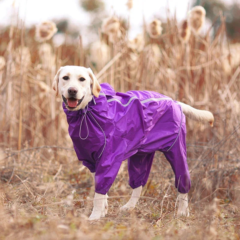 Dog Reflective Raincoat Waterproof Zipper Clothes Hight Neck Hooded Jumpsuit