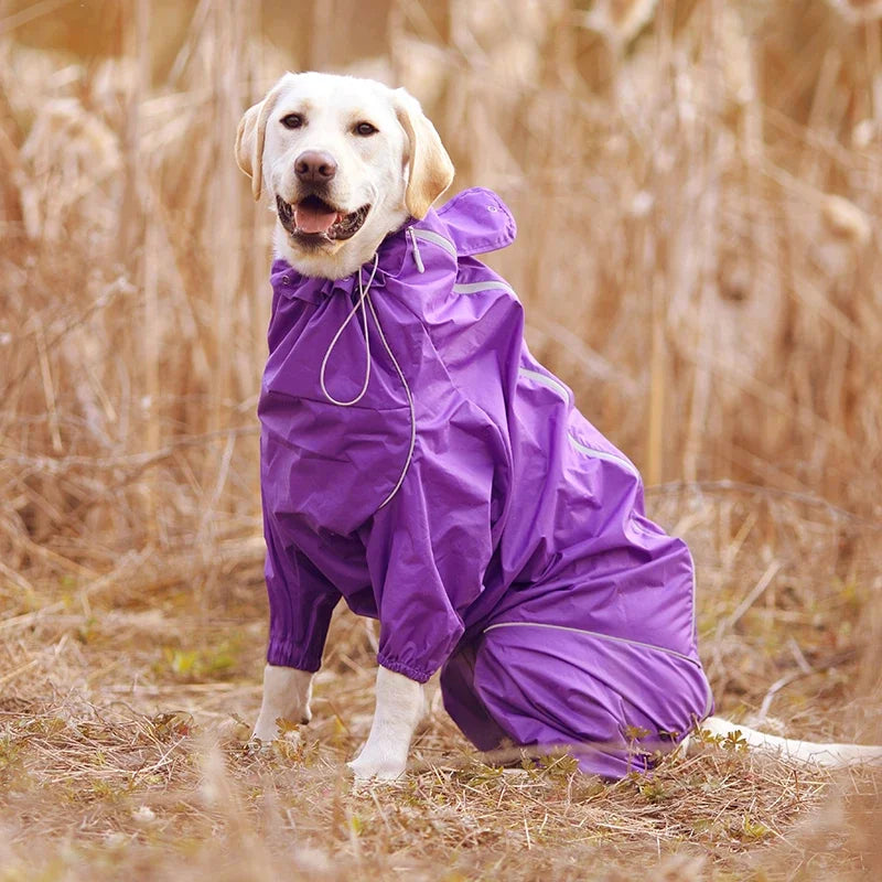 Dog Reflective Raincoat Waterproof Zipper Clothes Hight Neck Hooded Jumpsuit