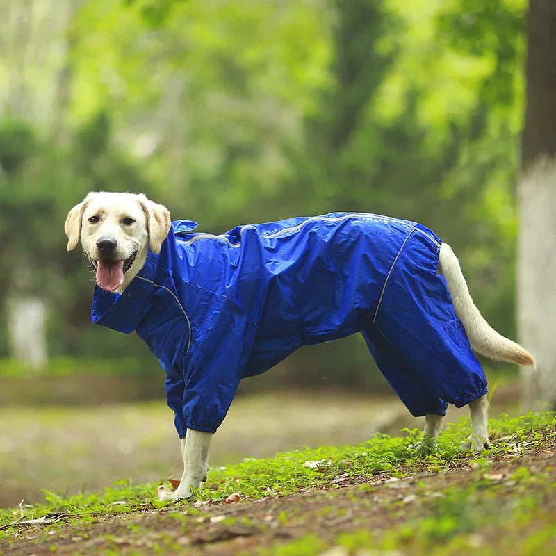 Dog Reflective Raincoat Waterproof Zipper Clothes Hight Neck Hooded Jumpsuit