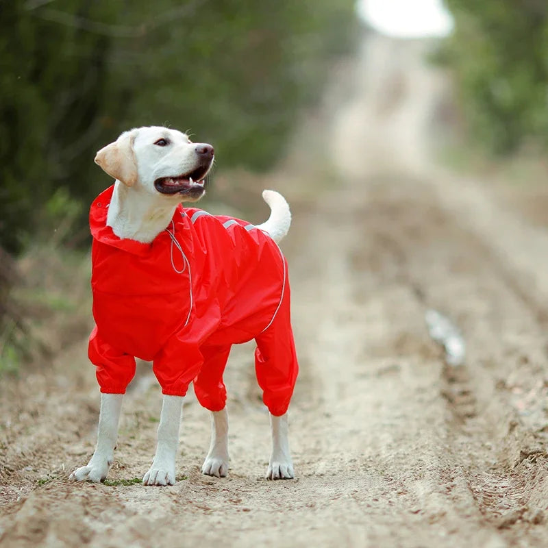 Dog Reflective Raincoat Waterproof Zipper Clothes Hight Neck Hooded Jumpsuit