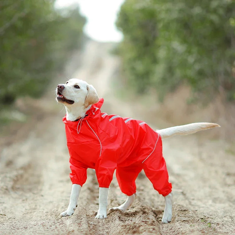 Dog Reflective Raincoat Waterproof Zipper Clothes Hight Neck Hooded Jumpsuit