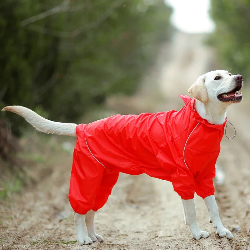 Dog Reflective Raincoat Waterproof Zipper Clothes Hight Neck Hooded Jumpsuit