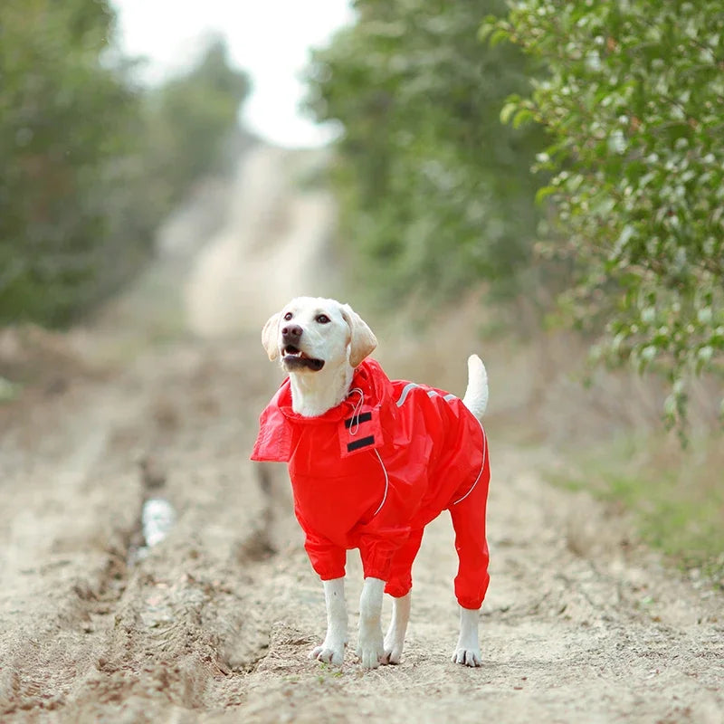 Dog Reflective Raincoat Waterproof Zipper Clothes Hight Neck Hooded Jumpsuit