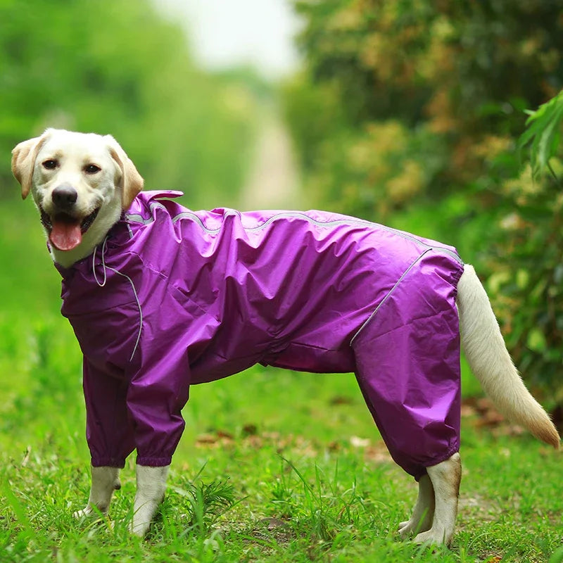 Dog Reflective Raincoat Waterproof Zipper Clothes Hight Neck Hooded Jumpsuit