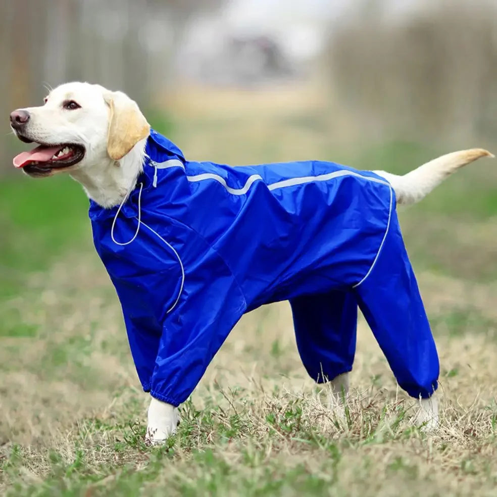 Dog Reflective Raincoat Waterproof Zipper Clothes Hight Neck Hooded Jumpsuit