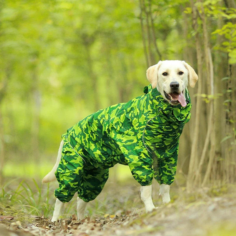 Dog Reflective Raincoat Waterproof Zipper Clothes Hight Neck Hooded Jumpsuit