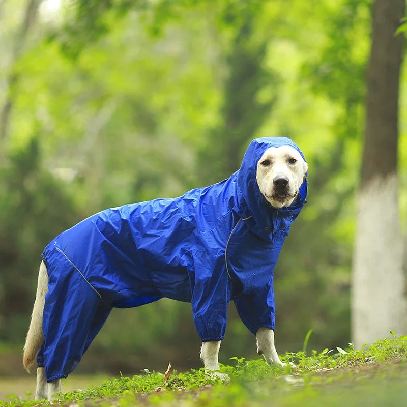 Dog Reflective Raincoat Waterproof Zipper Clothes Hight Neck Hooded Jumpsuit