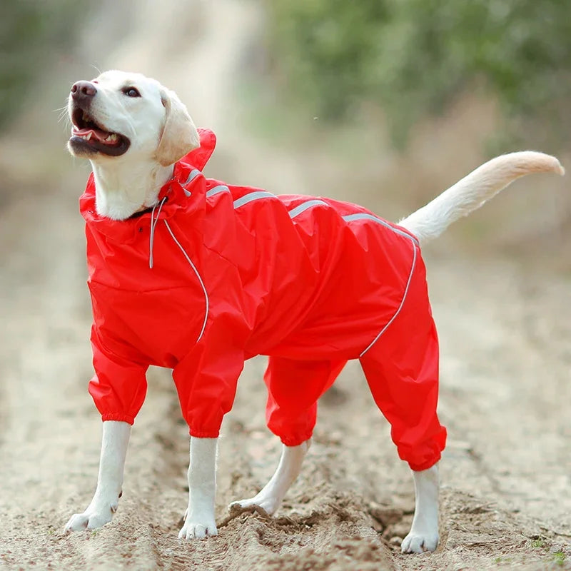 Dog Reflective Raincoat Waterproof Zipper Clothes Hight Neck Hooded Jumpsuit