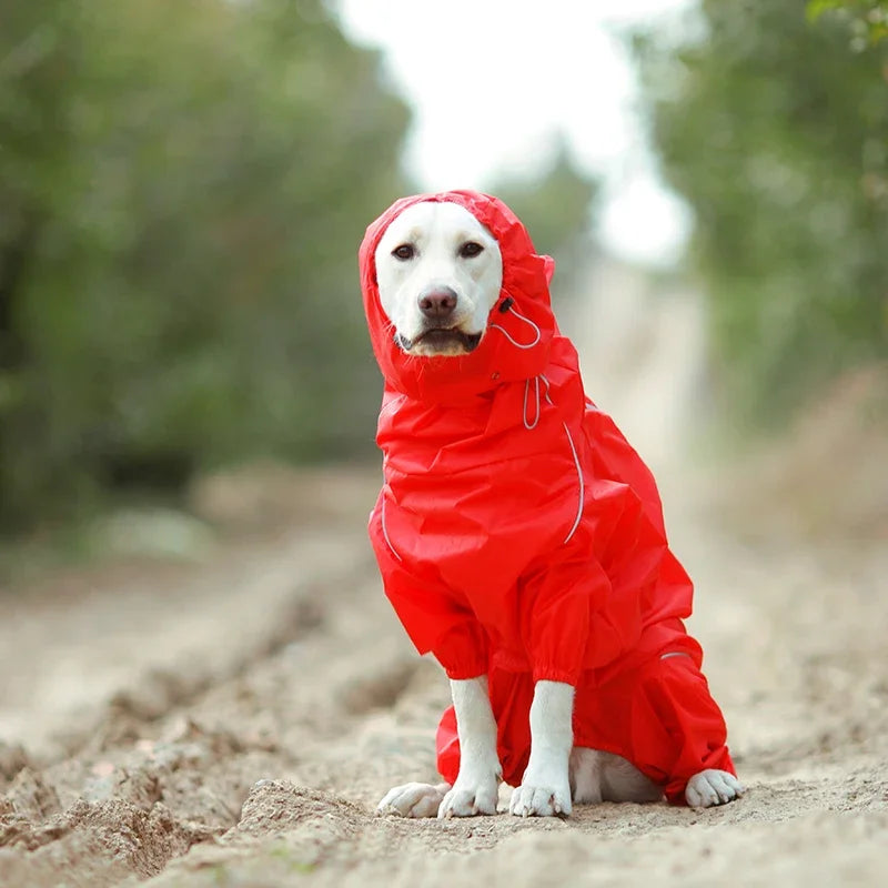 Dog Reflective Raincoat Waterproof Zipper Clothes Hight Neck Hooded Jumpsuit