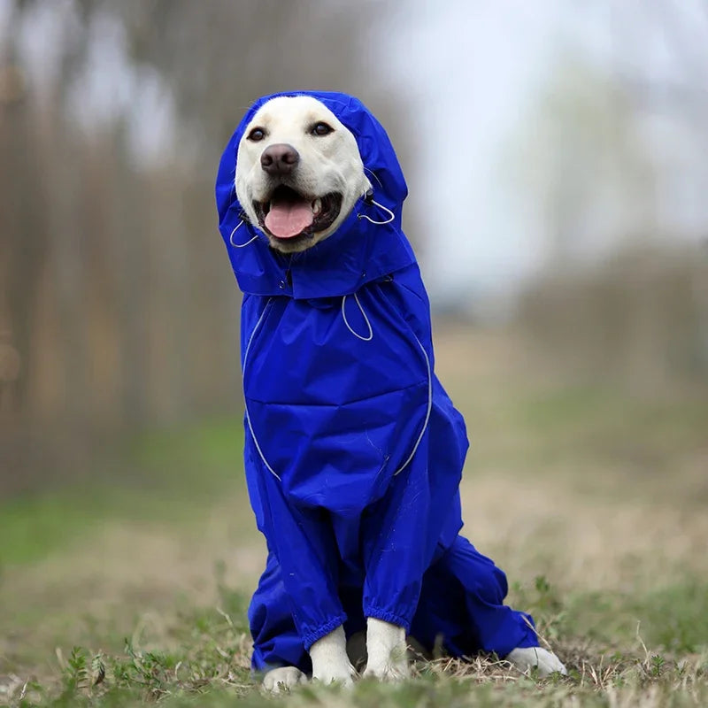 Dog Reflective Raincoat Waterproof Zipper Clothes Hight Neck Hooded Jumpsuit