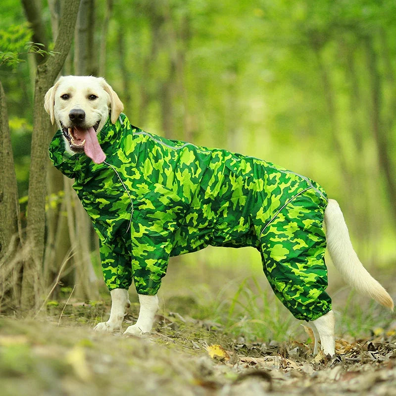 Dog Reflective Raincoat Waterproof Zipper Clothes Hight Neck Hooded Jumpsuit