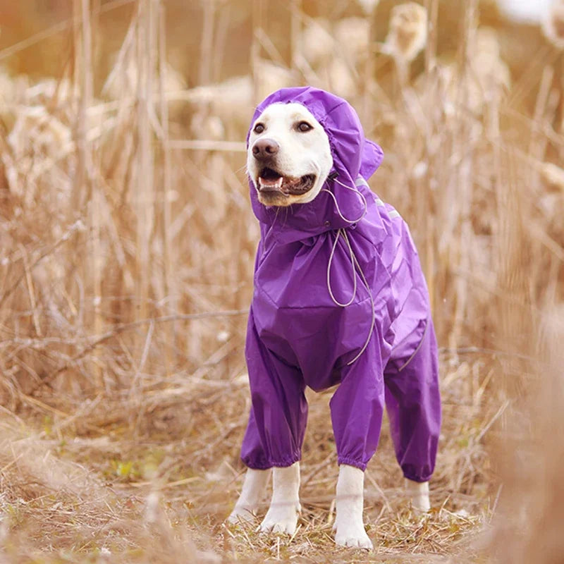 Dog Reflective Raincoat Waterproof Zipper Clothes Hight Neck Hooded Jumpsuit