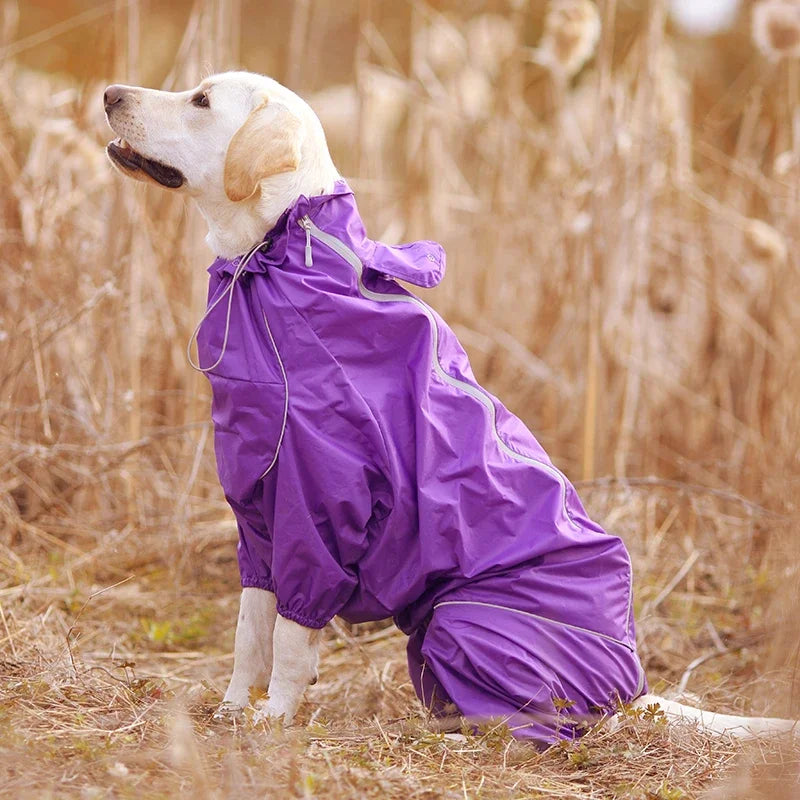 Dog Reflective Raincoat Waterproof Zipper Clothes Hight Neck Hooded Jumpsuit