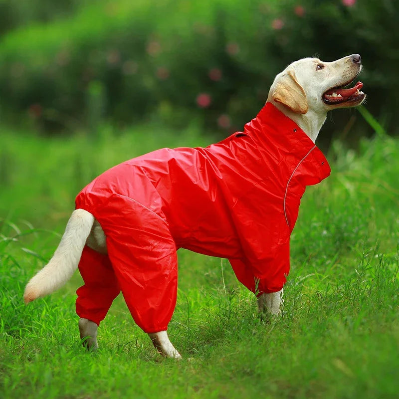 Dog Reflective Raincoat Waterproof Zipper Clothes Hight Neck Hooded Jumpsuit