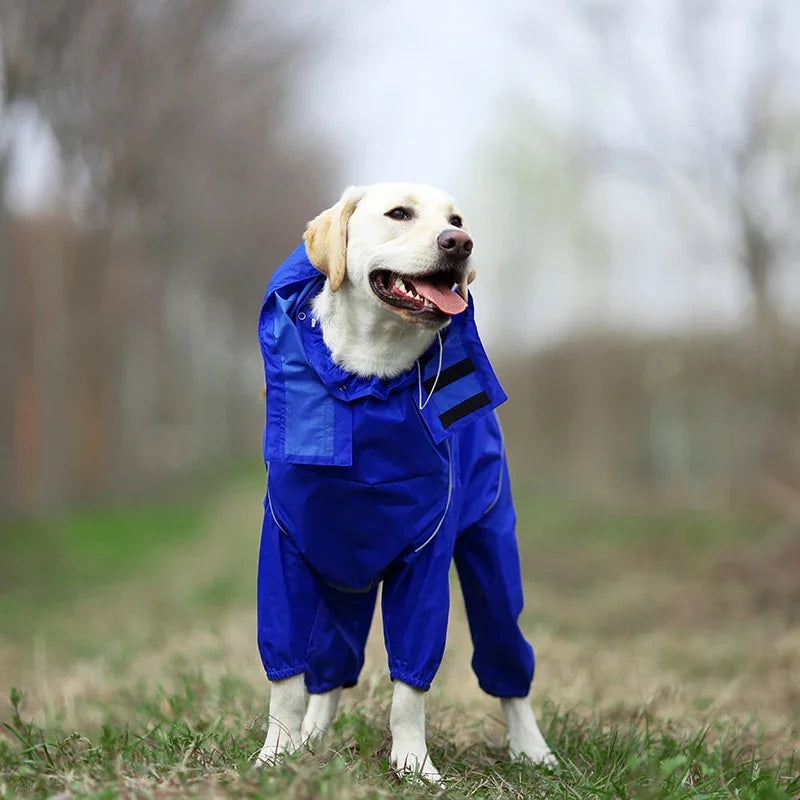 Dog Reflective Raincoat Waterproof Zipper Clothes Hight Neck Hooded Jumpsuit