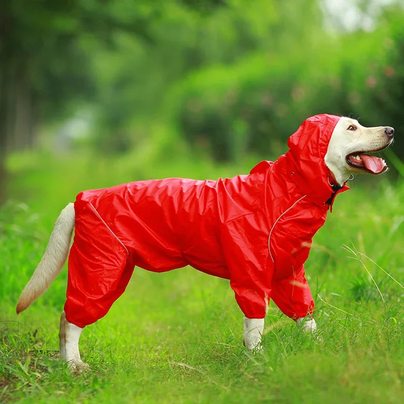 Dog Reflective Raincoat Waterproof Zipper Clothes Hight Neck Hooded Jumpsuit